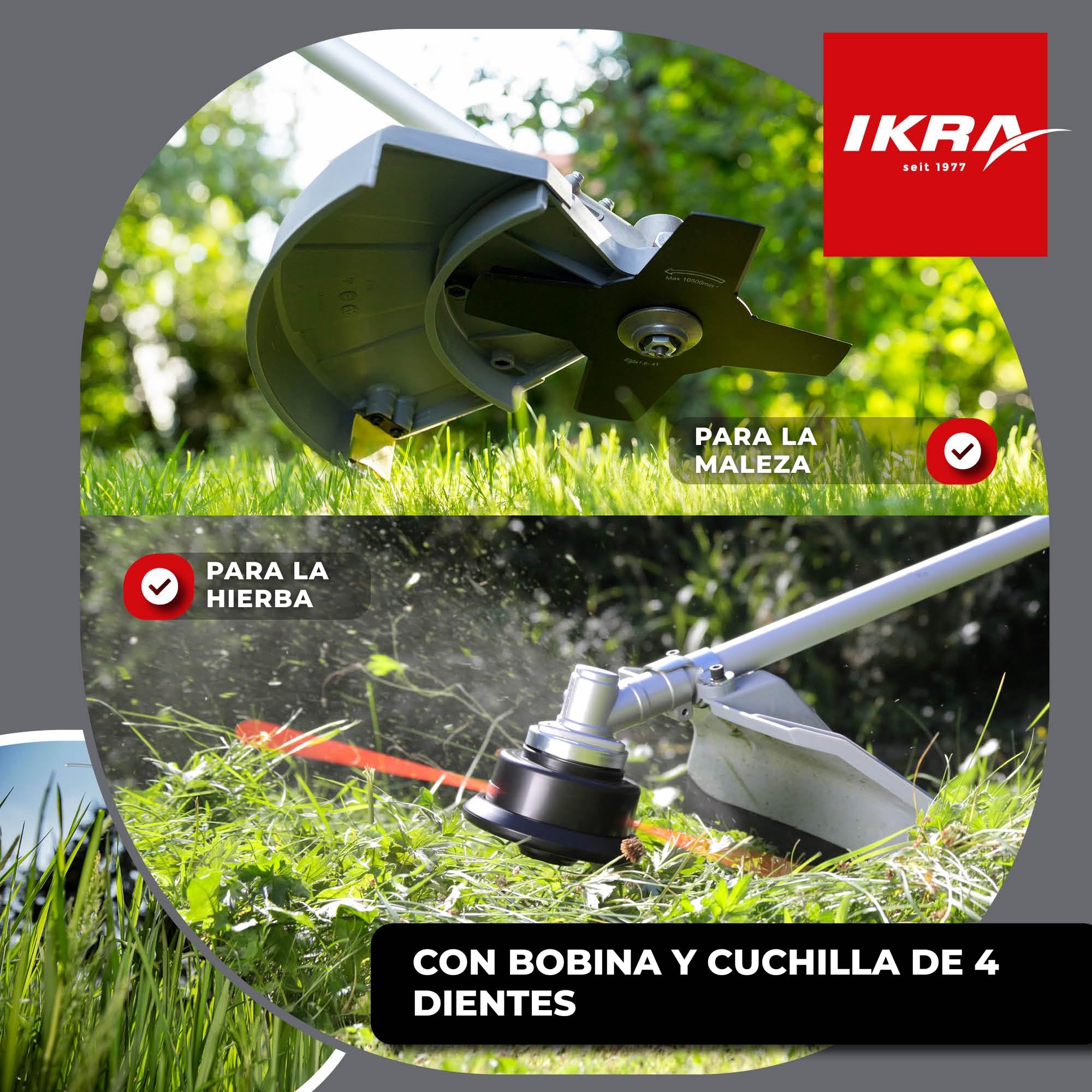 IKRA desbrozadora de Gasolina IBF 25-1 con Bobina de Hilo y Cuchilla | 25 cm³, 0,8 kW, motor de gasolina de 2 tiempos, ancho de corte de 23 cm, para cortar hierba alta, ramas pequeñas y maleza