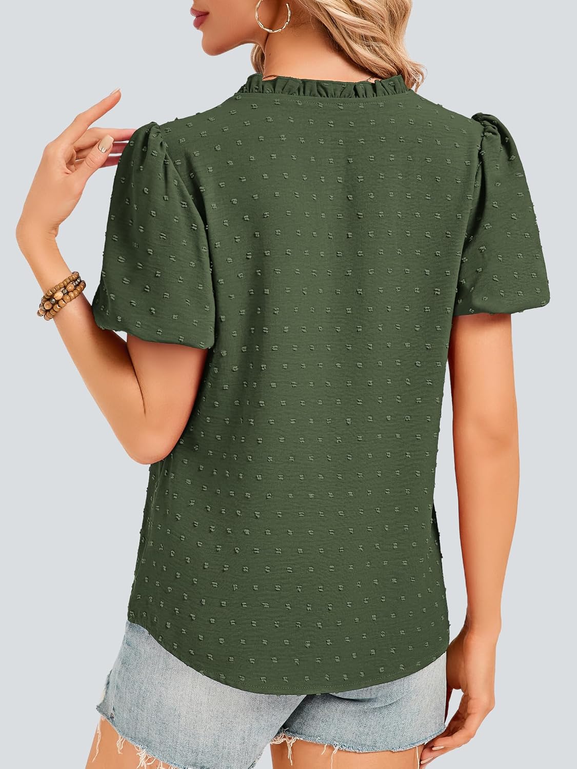 Funlingo Womens Boho Tops Summer Short Puff Sleeve V Neck Blouses Dressy Casual Flowy Swiss Dot Lace Crochet Shirts - Image 3