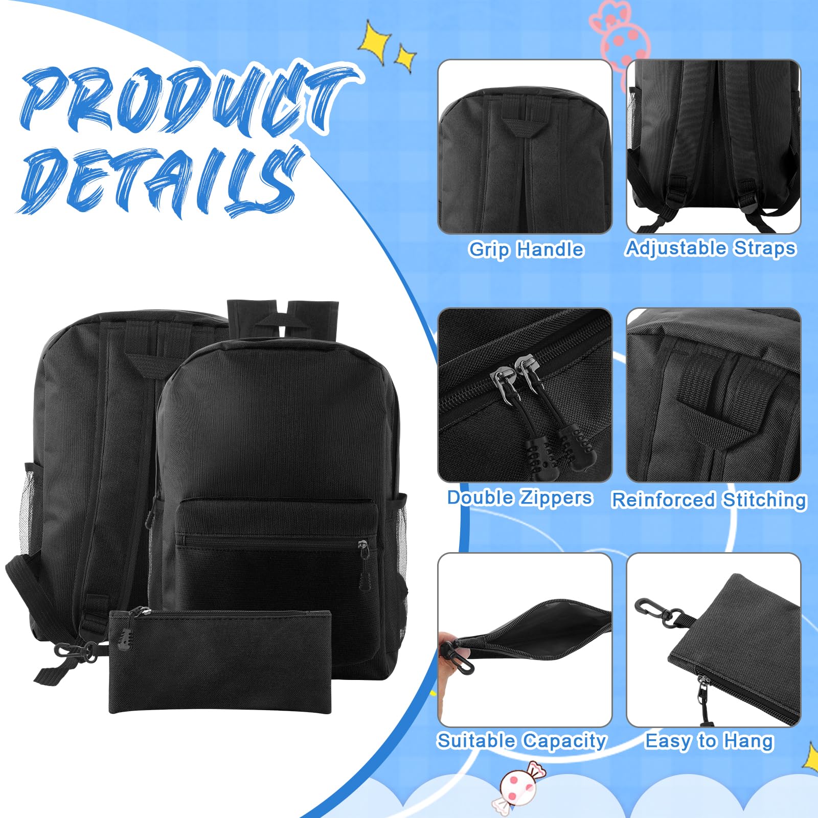 Silkfly 12 mochilas escolares con 12 estuches con cremallera para lápices de 15.7 pulgadas, bolsas ligeras para libros a granel para el regreso a la escuela
