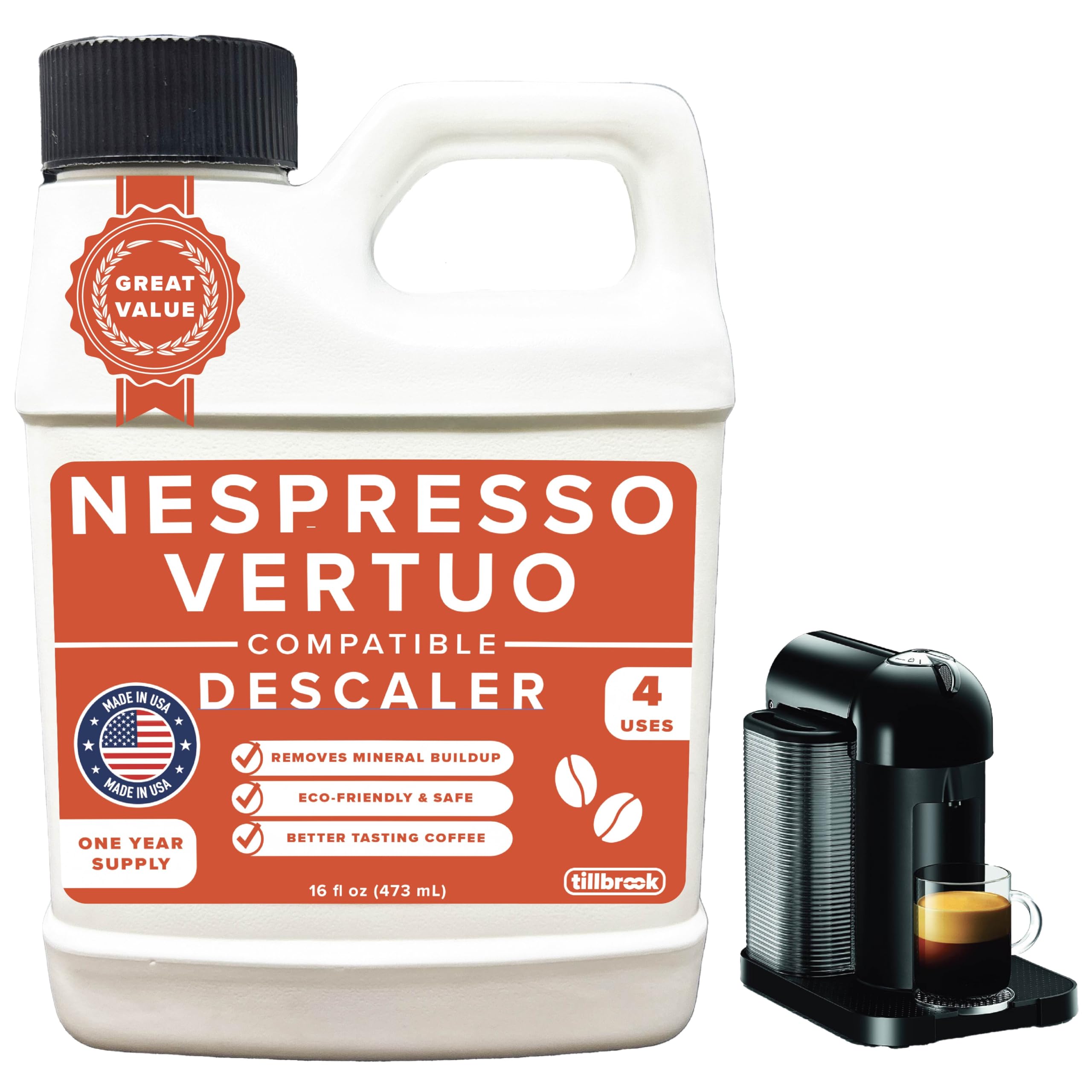 Tillbrook Descaler Compatible with Nespresso Vertuo Machine - 1 YEAR SUPPLY Concentrated Descaler for Nespresso - 16oz Coffee Maker Cleaner for