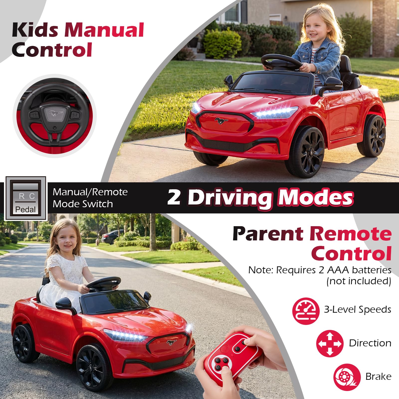 Costzon Ford Mach E - Veicolo elettrico per bambini con controllo genitori, luci LED, clacson, musica, connessione wireless e sospensioni a molla, giocattolo per bambini per ragazze e ragazzi (rosso)