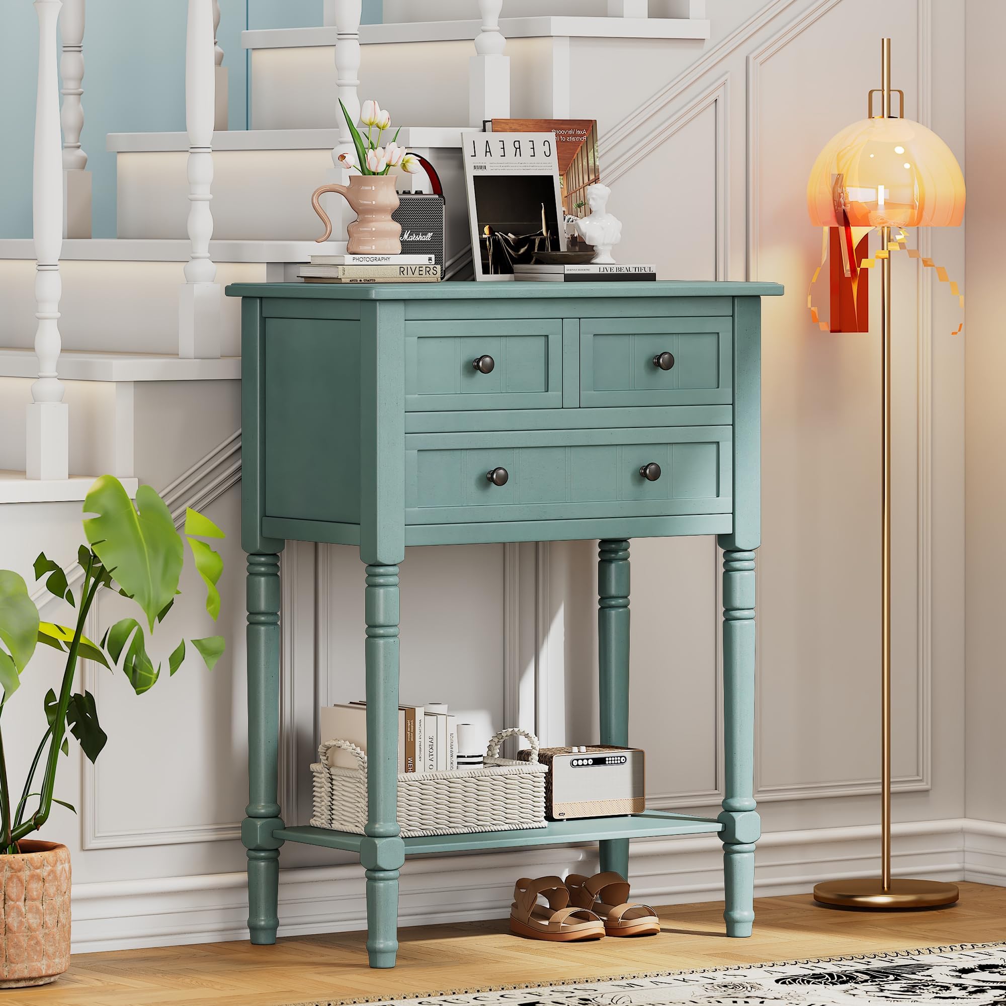 Knocbel Slim Antique Entry Console Table with 3 Drawers & Bottom Open Shelf, Solid Wood Narrow Sofa Couch Table for Entryway Hallway Living Room 23.7" W x 13" D x 31.4" H Light Blue