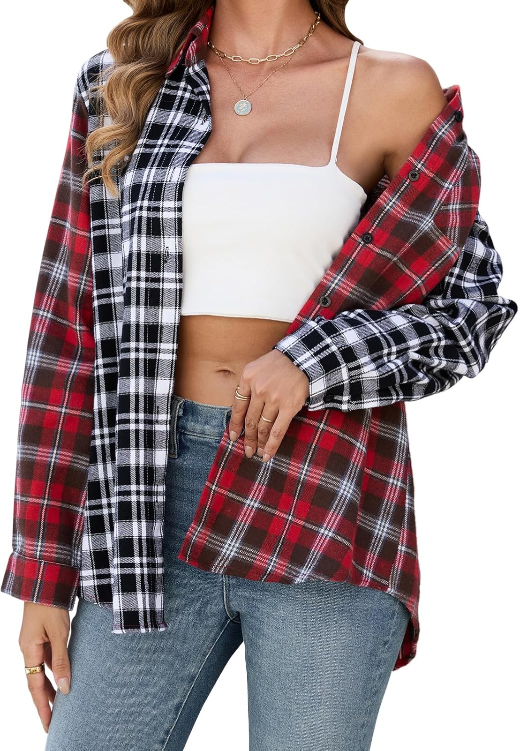 Womens Button Down Flannel Shirts Long Sleeve Plaid Shackets Business Casual Blouse Color Block Top - Image 2