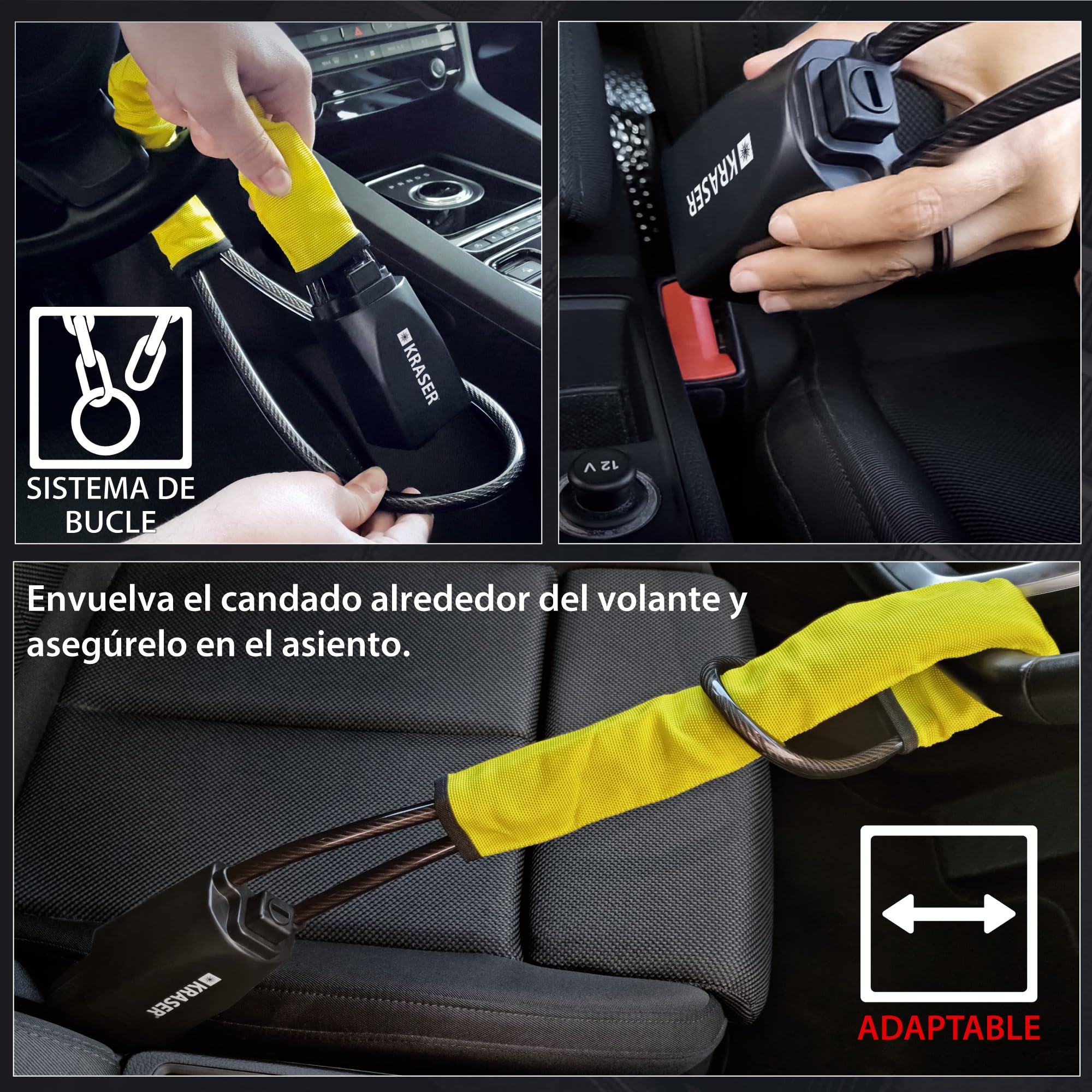 KRASER KR882Y Antirrobo Coche Mejorado, Bloqueo Volante Cinturón Más Robusto, Cerradura Antitaladro Alta Seguridad, Cable de Acero Más Flexible, Visible y Disuasorio, Cepo Auto Universal SUV Furgoneta
