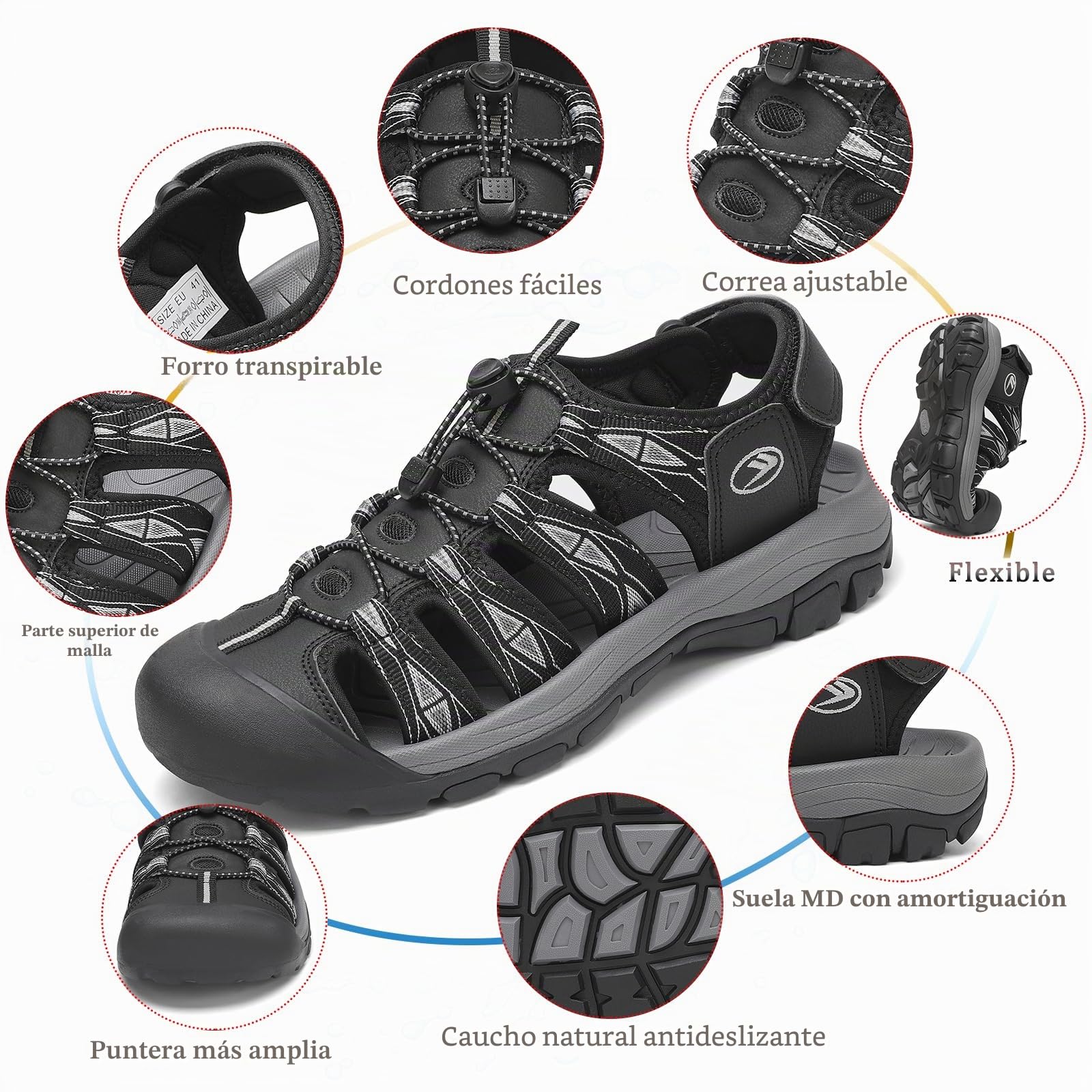 FLARUT Sandalias de Verano para Hombre Trekking Deportivas Punta Cerrada Zapatos de Senderismo Playa Correr Casual(Negro Blanco,44)