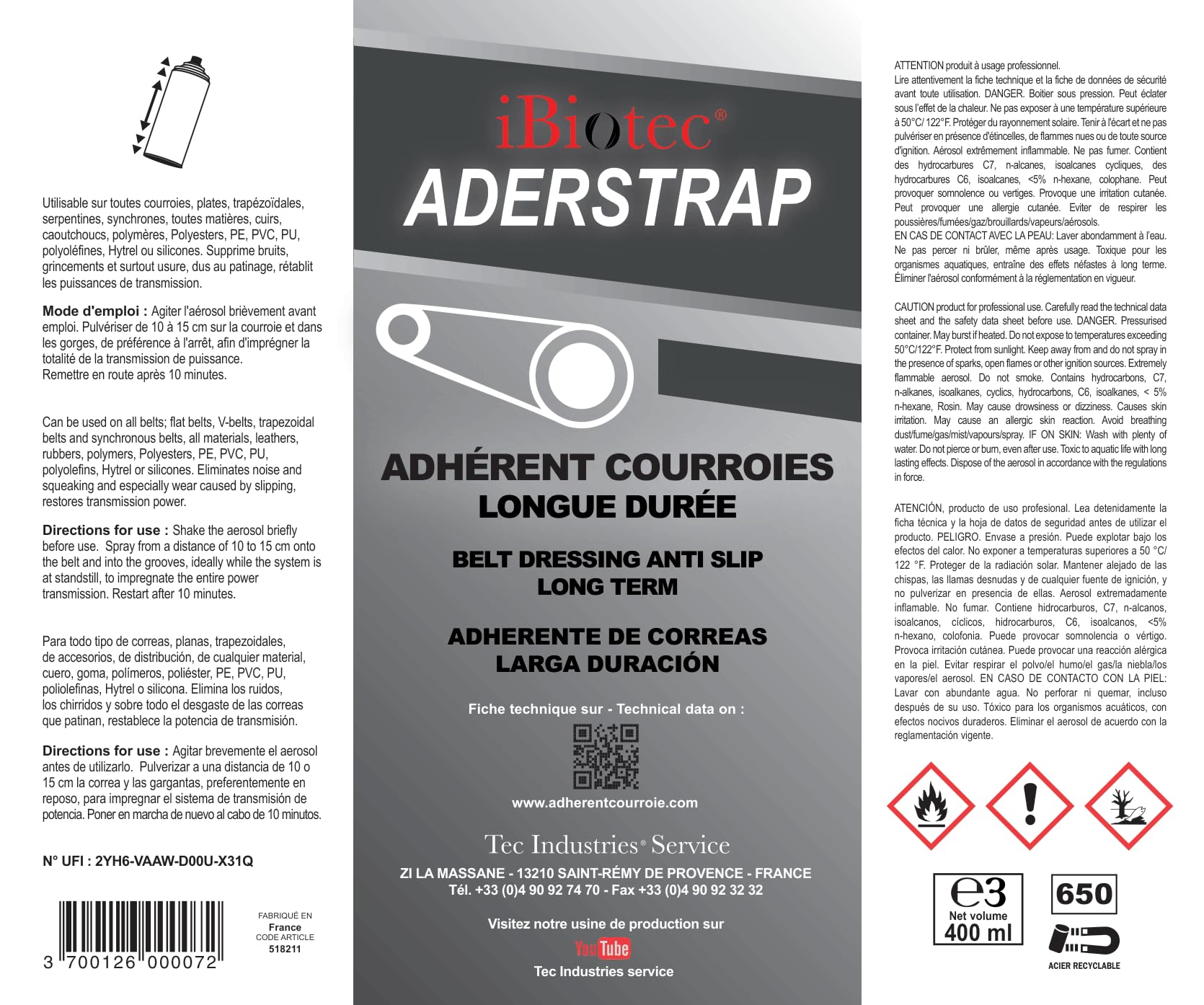 ADERSTRAP Spray Adhésif Courroies 400 ml – Augmente l’Adhérence, Supprime le Patinage et le Grincement – Maintenance Industrielle et Transmission