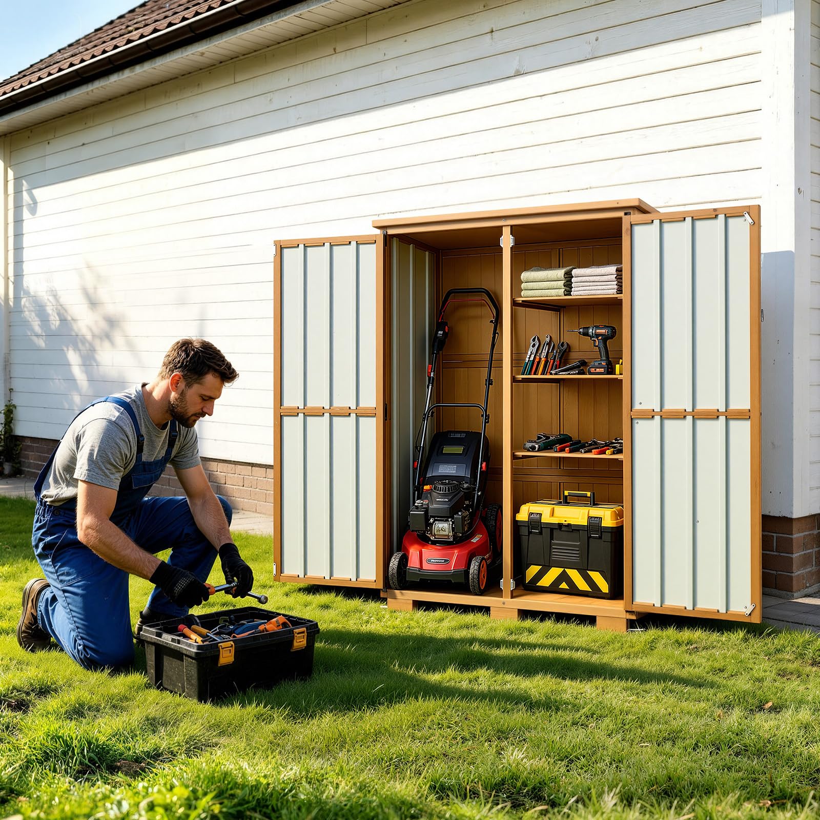 VEVOR Gartenschrank Holz, Geräteschrank mit Abschließbaren Türen, Gerätehaus mit Regalen & Boden, Geräteschuppen, Gartengerätehaus, Werkzeugschrank für Terrasse, Garten, Rasen, 112x46x160 cm
