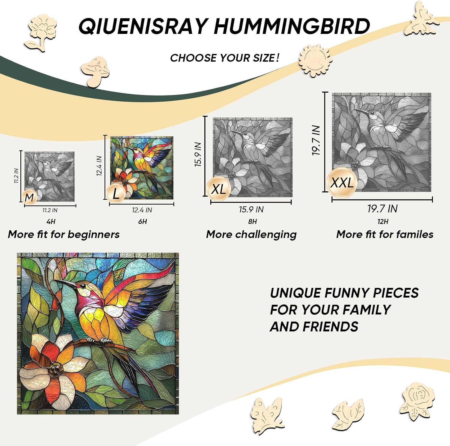 Qiuenisray Wooden Puzzle for Adults, Wooden Jigsaw Puzzles, Hummingbird Wood Puzzle with Box, FSC Certified Puzzle Creative Gifts for Family Game 300 Pieces 12.4x12.4 in