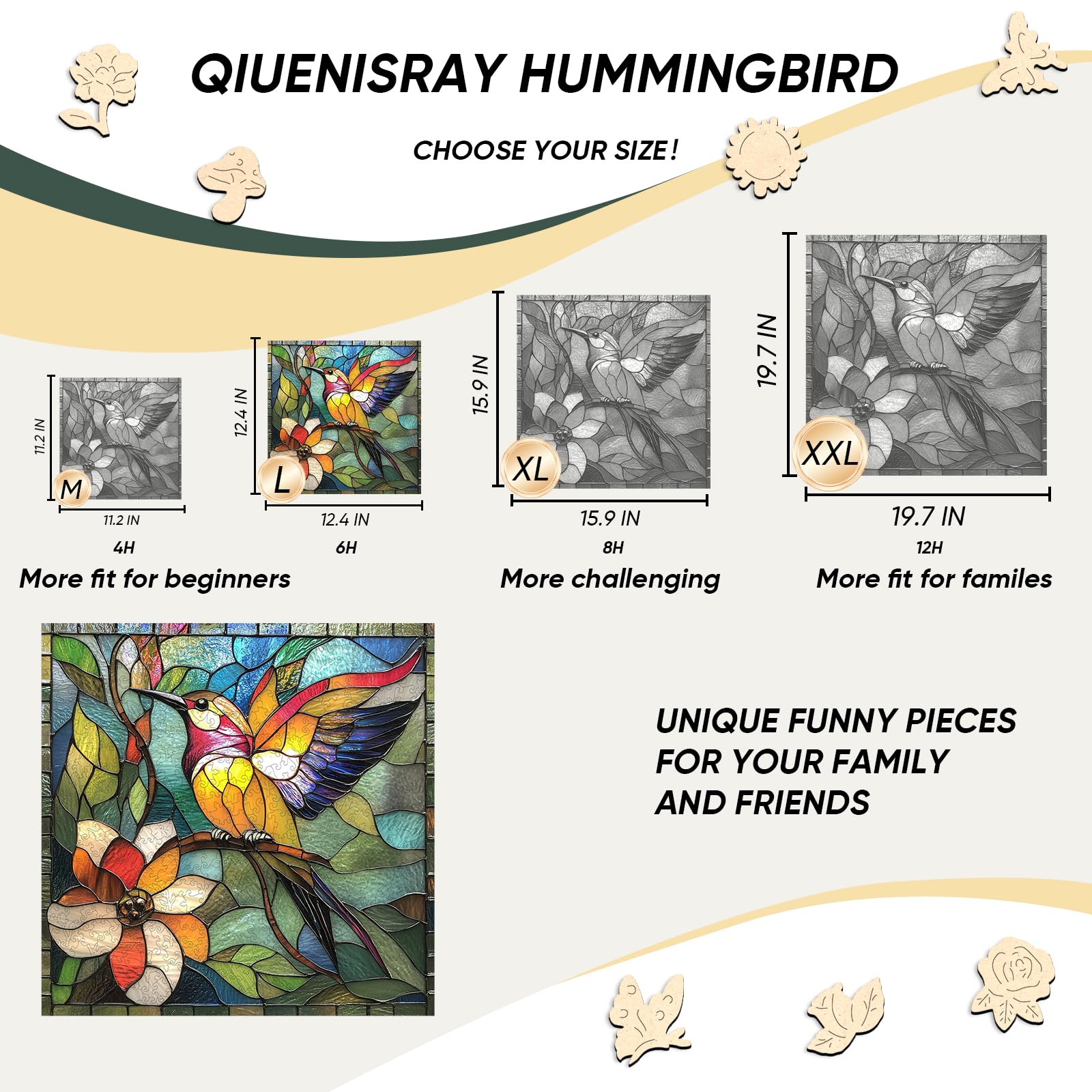 Qiuenisray Puzzle in legno per adulti, puzzle in legno, colibrì, puzzle in legno con scatola, certificato FSC, regali creativi per giochi di famiglia, 300 pezzi, 31,5 x 31,5 cm
