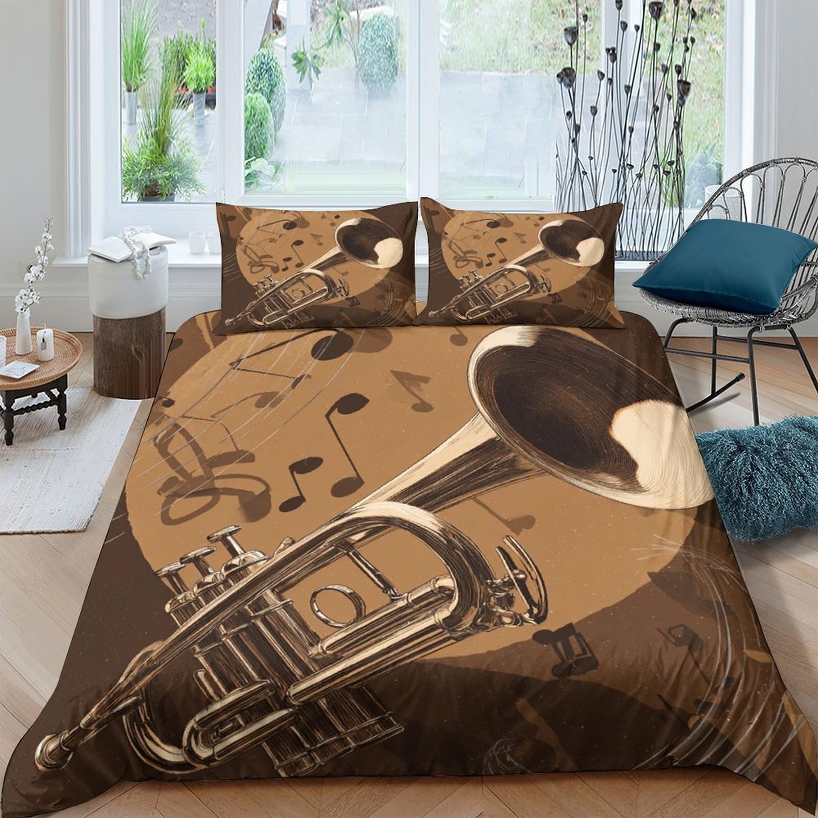 TUFRTGYHN 3D Printed Brass Instrument Duvet Cover Microfiber Soft Breathable Musical Notes Bedding Set with 2 Pillowcases for Bedroom Decor Single（135x200cm）