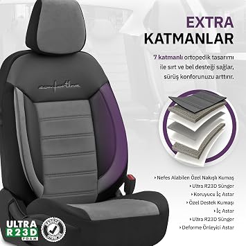 Comfortline Design Tay Tüyü Süet Oto Koltuk Kılıfı Ekstra Destekli Tam Set Premium (Gri-Siyah)