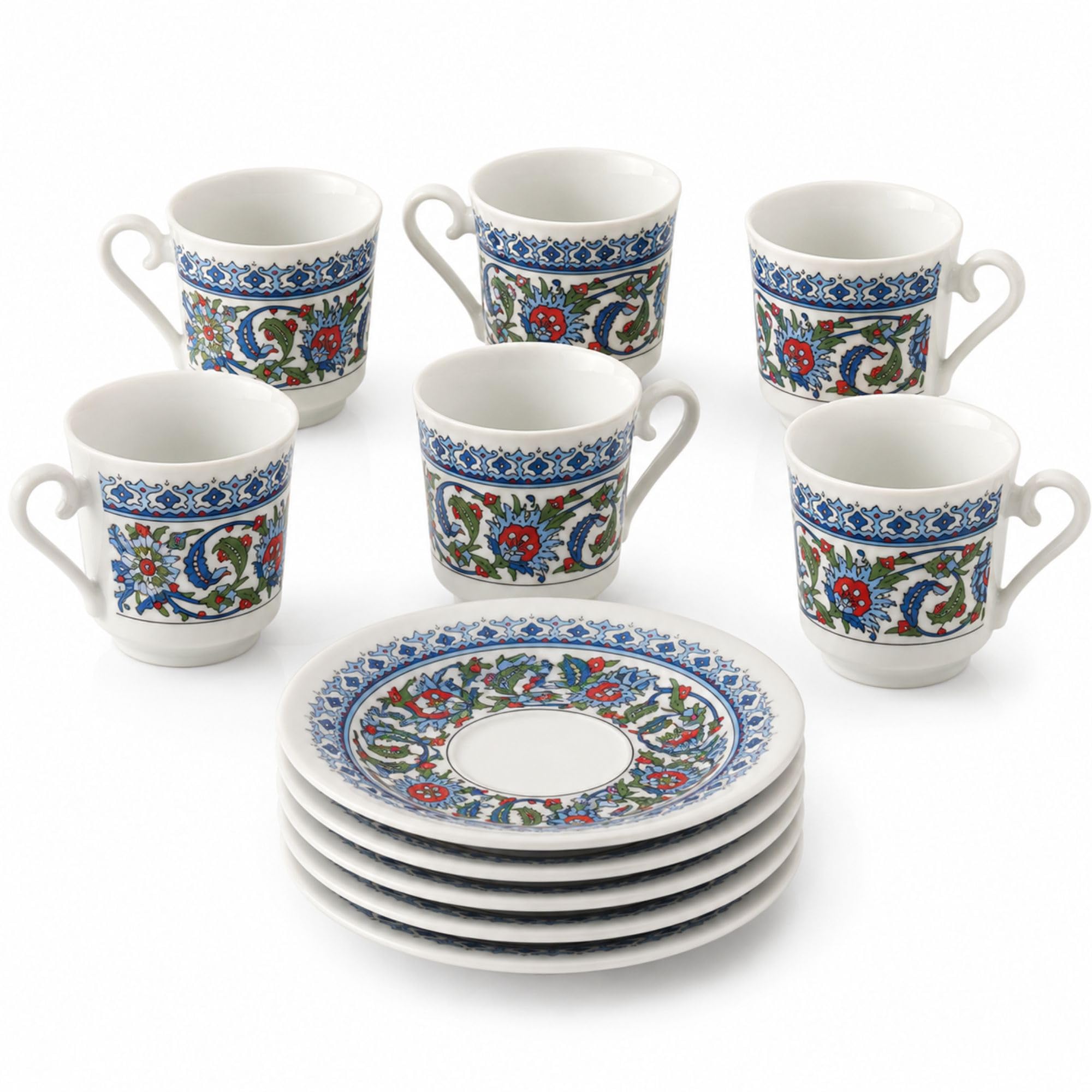 Kütahya Porselen Topkapi Türkische Kaffeetassen 12-teilig, aus Porzellan, 6 Mokkatassen 70 ml mit 6 Untertassen, İznik Dekor, Türkischer Kaffee Espresso Tassen Set, Floral
