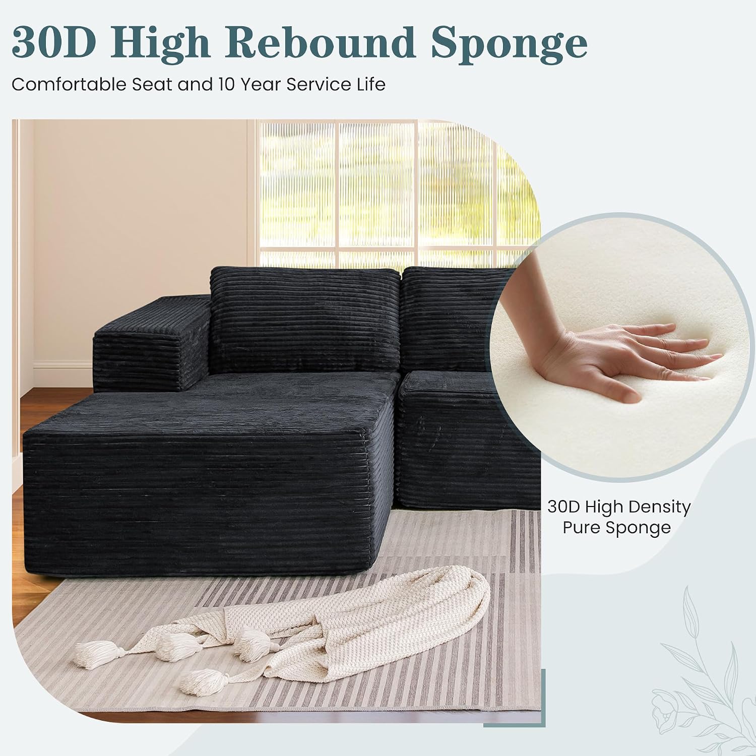 HOMREST 106" Cloud Sectional Couch with Chaise Lounge, L-Shape Modular Sectional Boneless Sofa with Deep Seat, Upholstered Couches for Living Room Bedroom, No Assemble, Black (Plush Corduroy Fabric)