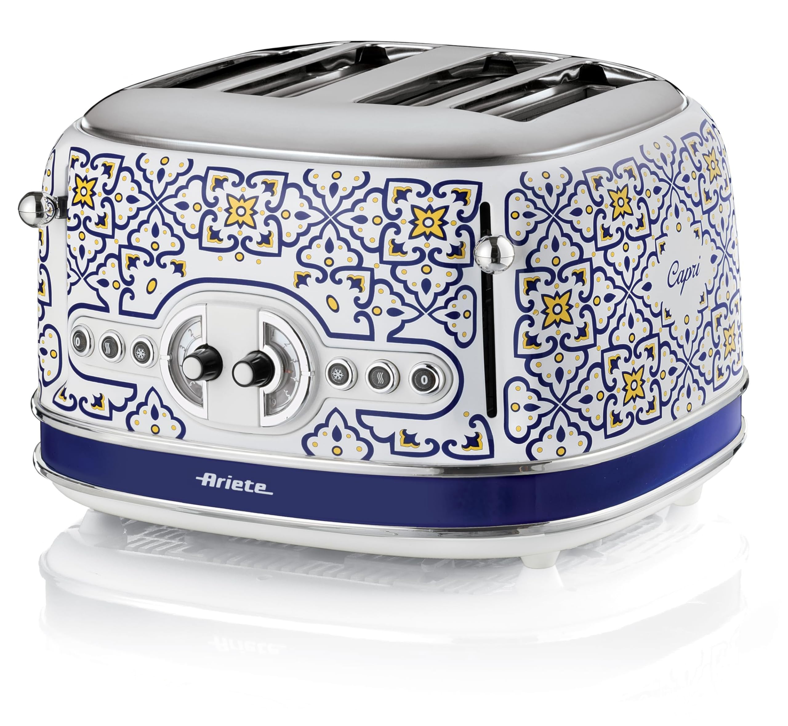 Ariete Toaster 156 Capri, Mediterranes Design, 4 Schlitze mit Separaten Bedienelementen, 6 Bräunungsstufen mit automatischem Auswurf, Krümelfach, Toast-, Aufwärm- und Auftaufunktion, 1630W