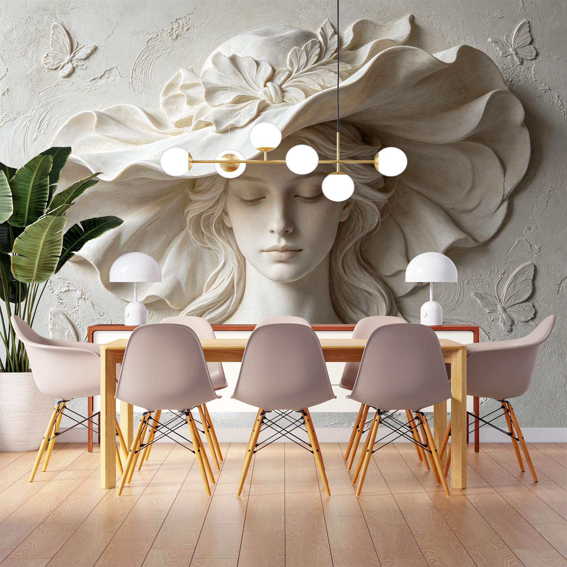 Fototapeta "Kobieta w kapeluszu kwiatowym" 3D Flower Woman Tapeta flizelinowa Art Nouveau Rzeźba Damska okładzina ścienna 371 x 280 cm Kremowy Beżowy Akcent Dekoracja Ścienna Do Salonu Sypialni TV