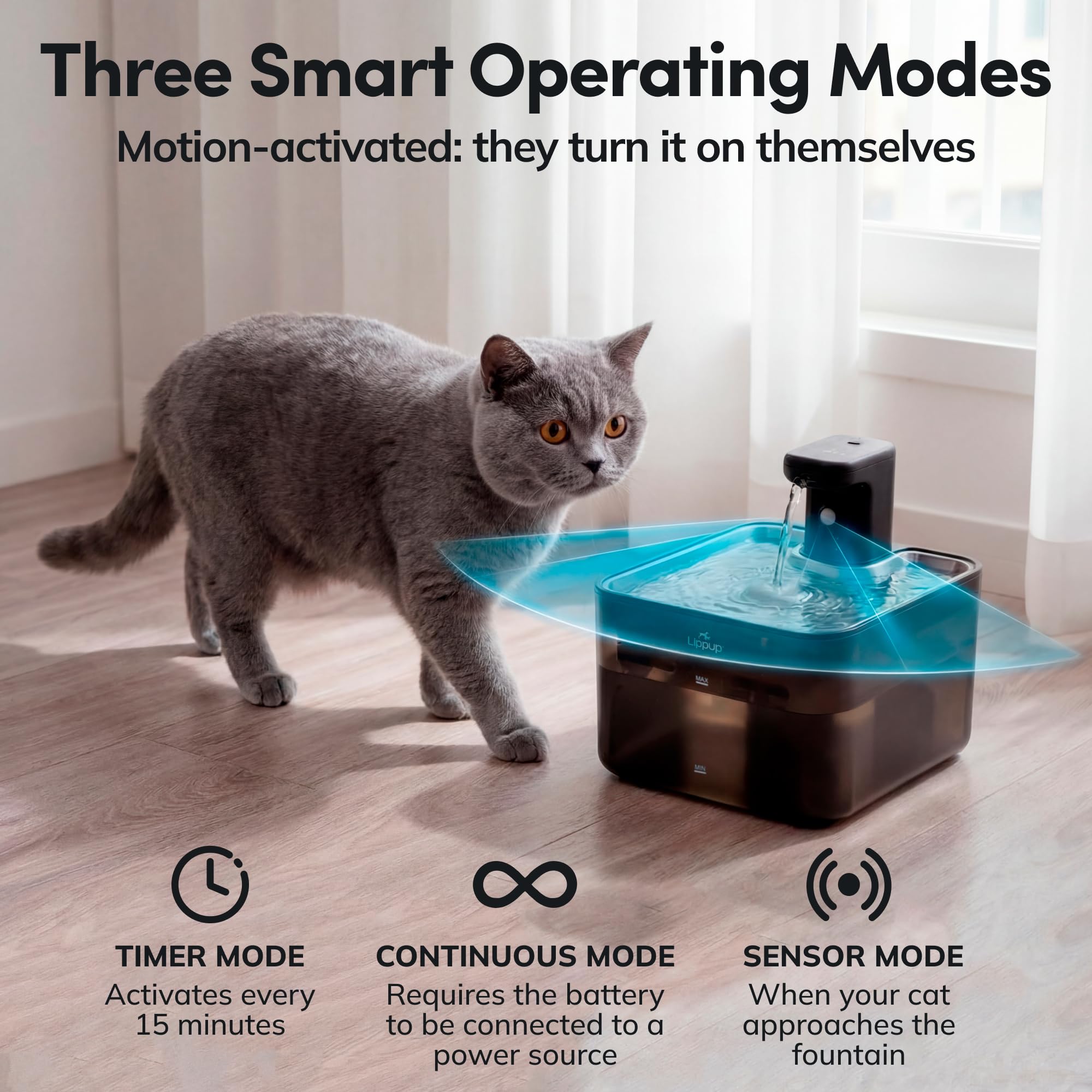 Fuente de agua inalámbrica para gatos, 2.6 L, fuente de agua inalámbrica para gatos de interior, funciona con pilas, con sensor de movimiento, bomba ultra silenciosa, sin BPA, color negro