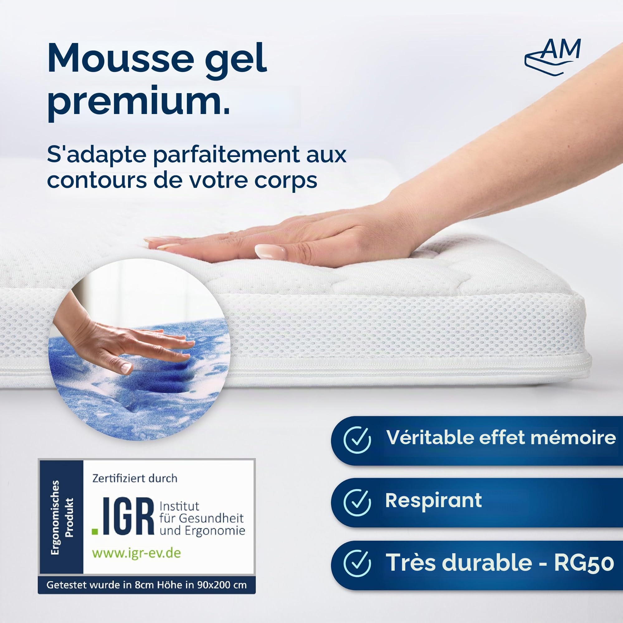 Surmatelas Mémoire de Forme 140x190 Moelleux 8 cm - Epais en Mousse de Gel - Housse Respirante - 7 Zones pour Un Sommeil Confortable