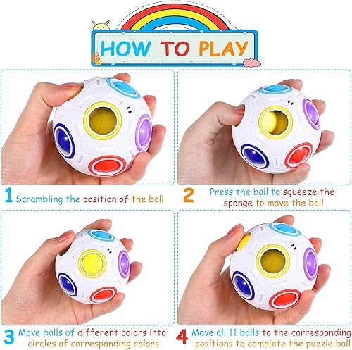 Miniatura 4 de Paquete de 12 bolas de rompecabezas arcoíris mágicas con 2 bolsas de juguete para ansiedad para niños y niñas, bola de cubo de velocidad, divertida