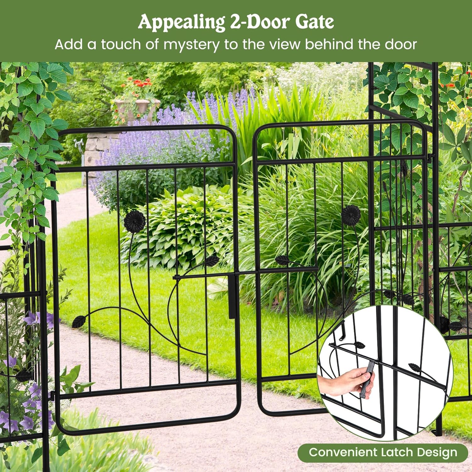 Moccha Garden Arch with Gate and Planter Boxes - 87" Metal Arbor Trellis for Climbing Plants Rose Vine, Heavy-Duty Archway Pergola, Garden Arbor for Wedding Ceremony Decoration Lawn Patio Bridal Party