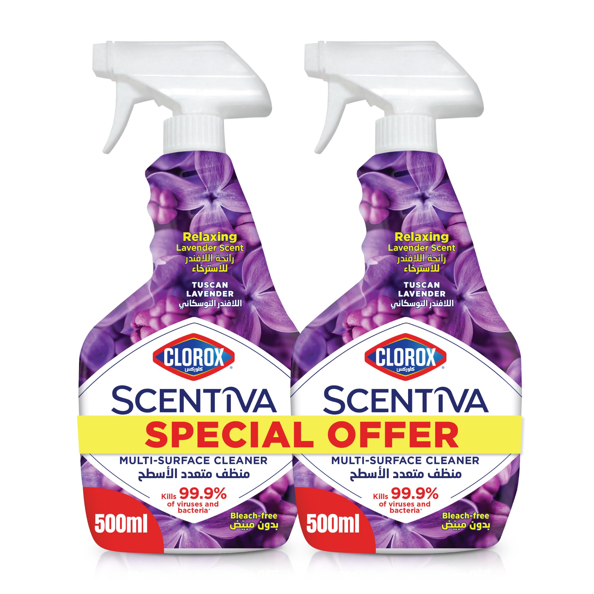 Clorox Scentiva Multi Surface Spray Cleaner 500ml, Dual Pack, Tuscan Lavender, Kills 99.9% of Viruses and Bacteria