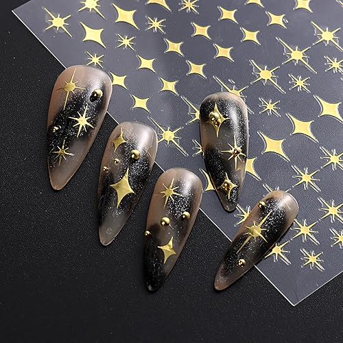 Miniatura 5 de Vezocim Calcomanías de arte de uñas doradas, diseño de sol, luna, estrellas, línea de corazón, flores, calcomanías autoadhesivas para uñas,