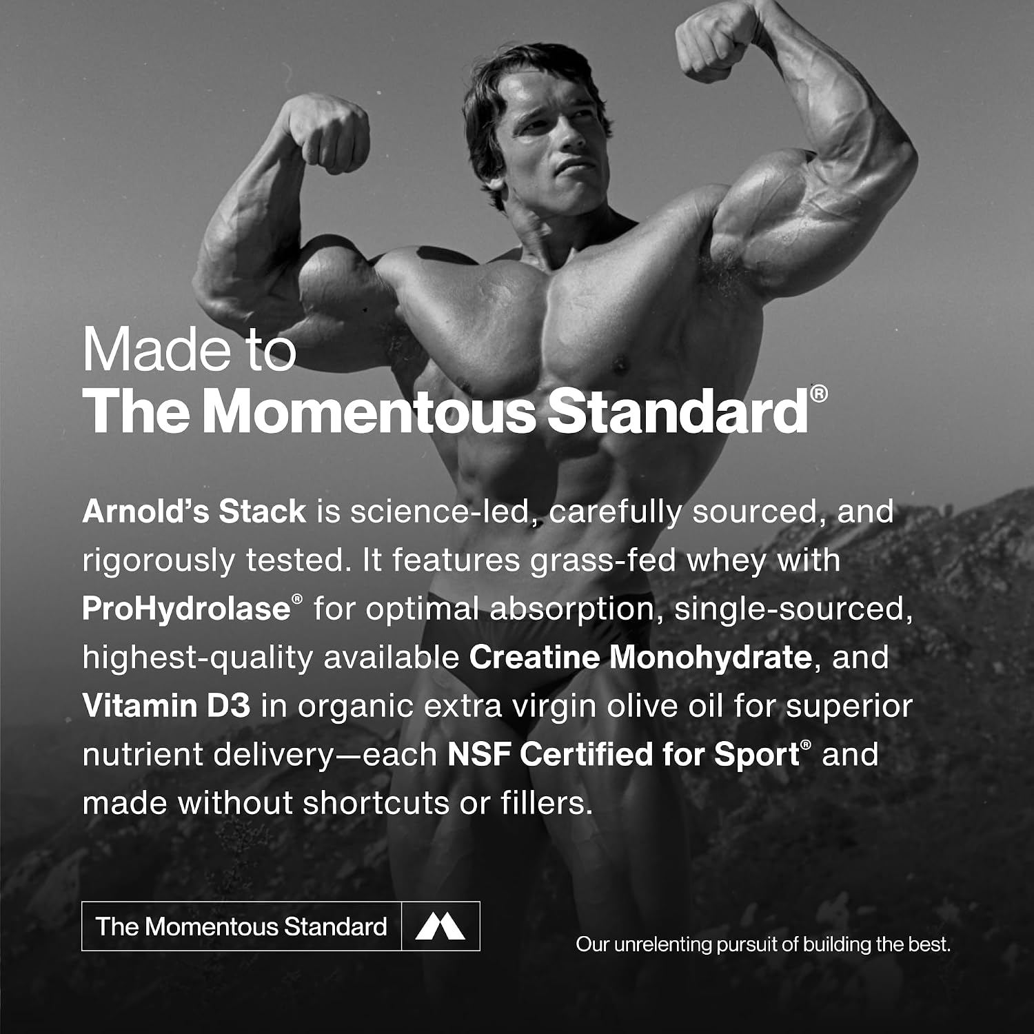 Momentous Arnold's Stack - Creatine Monohydrate Powder, Essential Grass-Fed Whey Protein Powder (Chocolate) & Vitamin D3 (2000 IU) - Daily Fundamentals to Support Muscle Strength & Longevity image 5
