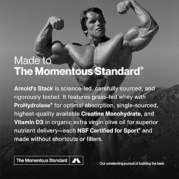 Momentous Arnold's Stack - Creatine Monohydrate Powder, Essential Grass-Fed Whey Protein Powder (Vanilla) & Vitamin D3 (2000 IU) - Daily Fundamentals to Support Muscle Strength & Longevity