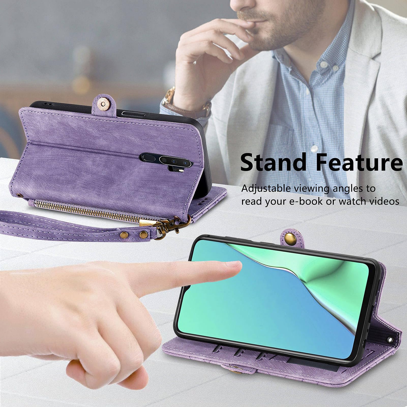 Asuwish Phone Case for OPPO A9 2020/A5 2020/A11/A11x Wallet Cover with Tempered Glass Screen Protector and Wrist Strap Leather Flip Zipper Credit Card Holder Cell Accessories 5A 9A Women Men Purple - Image 2