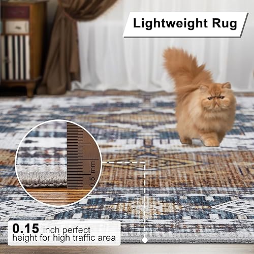 Miniatura 8 de Alfombra Lavable Alfombras para Sala de Estar Alfombra de Área de 9x12 Pies Grande Bohemia con Medallón Desgastado, Alfombras para Interiores Suaves