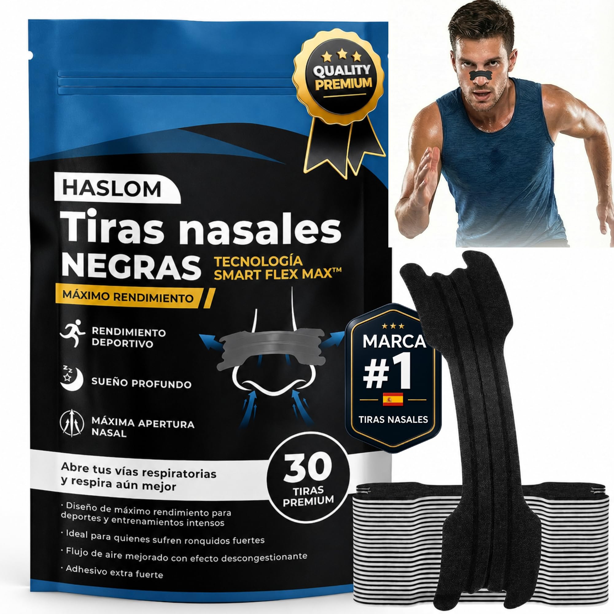 Tiras Nasales Deportivas Premium - HASLOM - Antironquidos Nose Strips para Dormir y Respirar Mejor por la Nariz Nasal Strip Tiritas Cinta Adhesión Máxima Dilatador - 30 Unidades