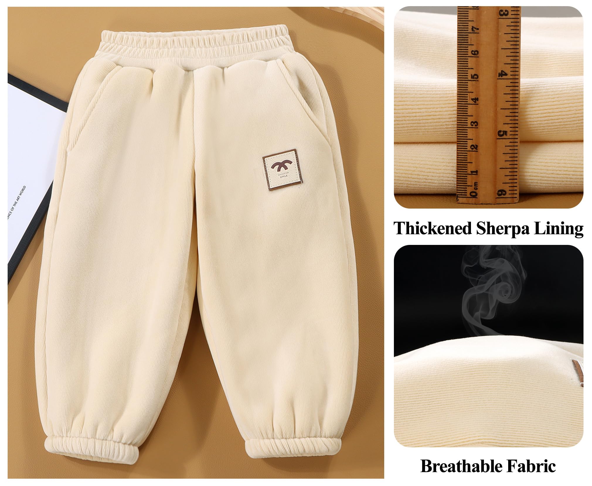 Baby Winter Fleece Jogger Toddler Elastic Waist Sherpa Pants Warm Regular Fit Trousers with Pockets Solid Color Casual Sweatpants