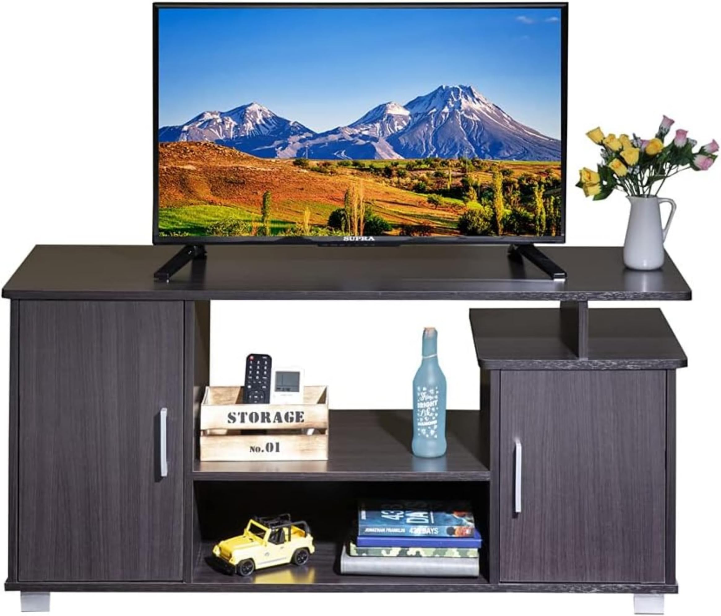 WT-EASYCAREWenge TV Unit Cabinet Stand- Engineered Wood with 2 Cupboards & 2 Open Shelves, Multifunctional TV Console & Storage for Set-Top Box & Accessories- Ideal for Living Room, Office & Bedroom