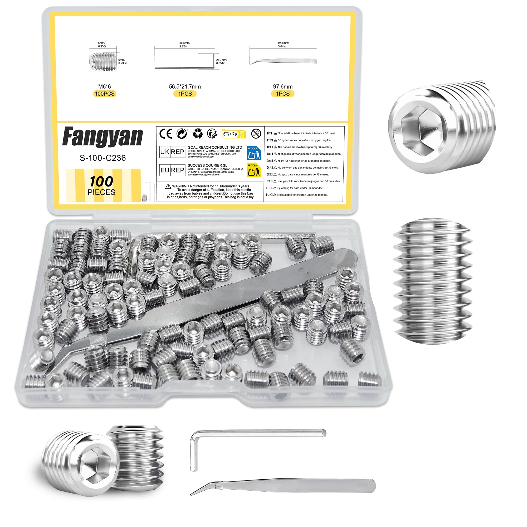 Fangyan 100PCS M6 x 6mm Set Screws, 304 Stainless Steel Hex Socket Grub Screws with Allen Key & Tweezers for Machinery, Furniture, Door Handles & General Fastening