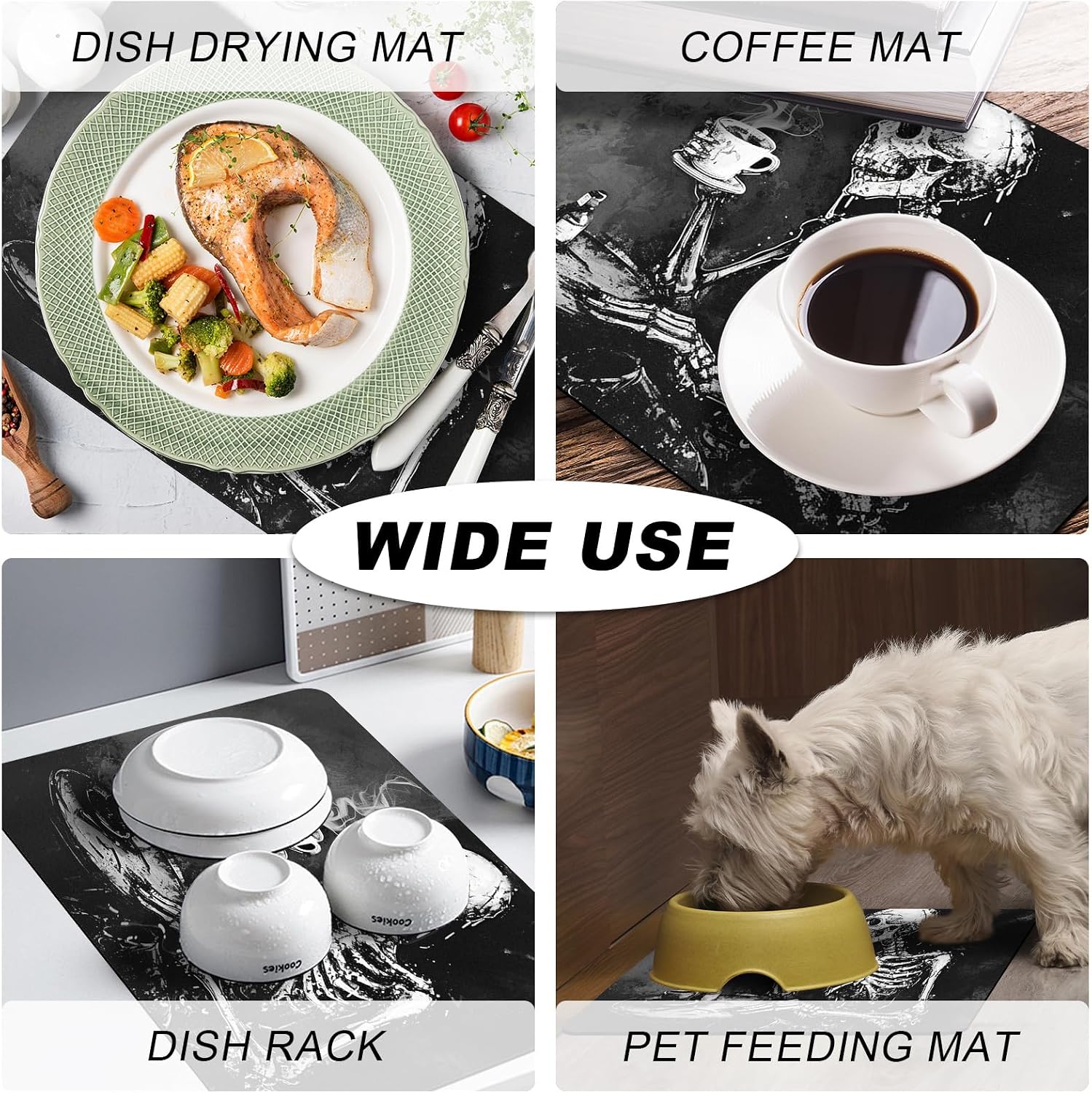 Coffee Mat,Anti Absorbent Dish Drying Pad for Kitchen Counter,23.6"x15.7",Black Skeleton/Skull