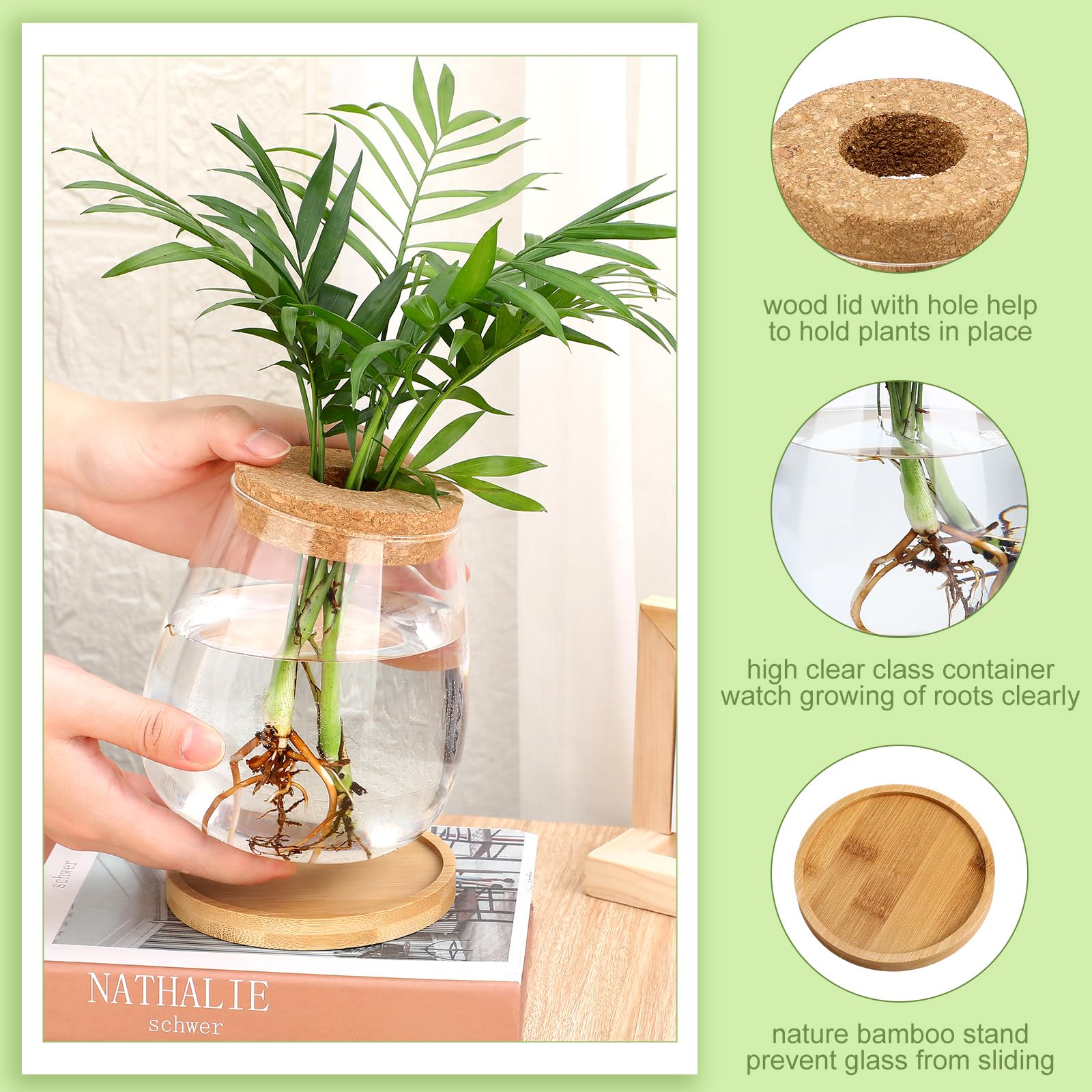 Layhit Lot de 4 stations de propagation séparées pour plantes de bureau, terrarium, vase en verre avec couvercle en bois et support en bambou pour la culture hydroponique, la maison, le bureau, la