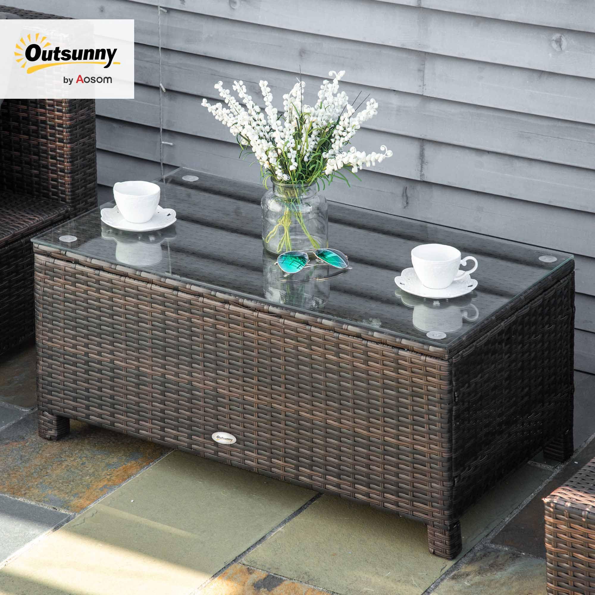 Table Basse de Jardin Outsunny Verre trempé 5 mm rotin tressé 85 x 50 x 39cm 50 kg Marron