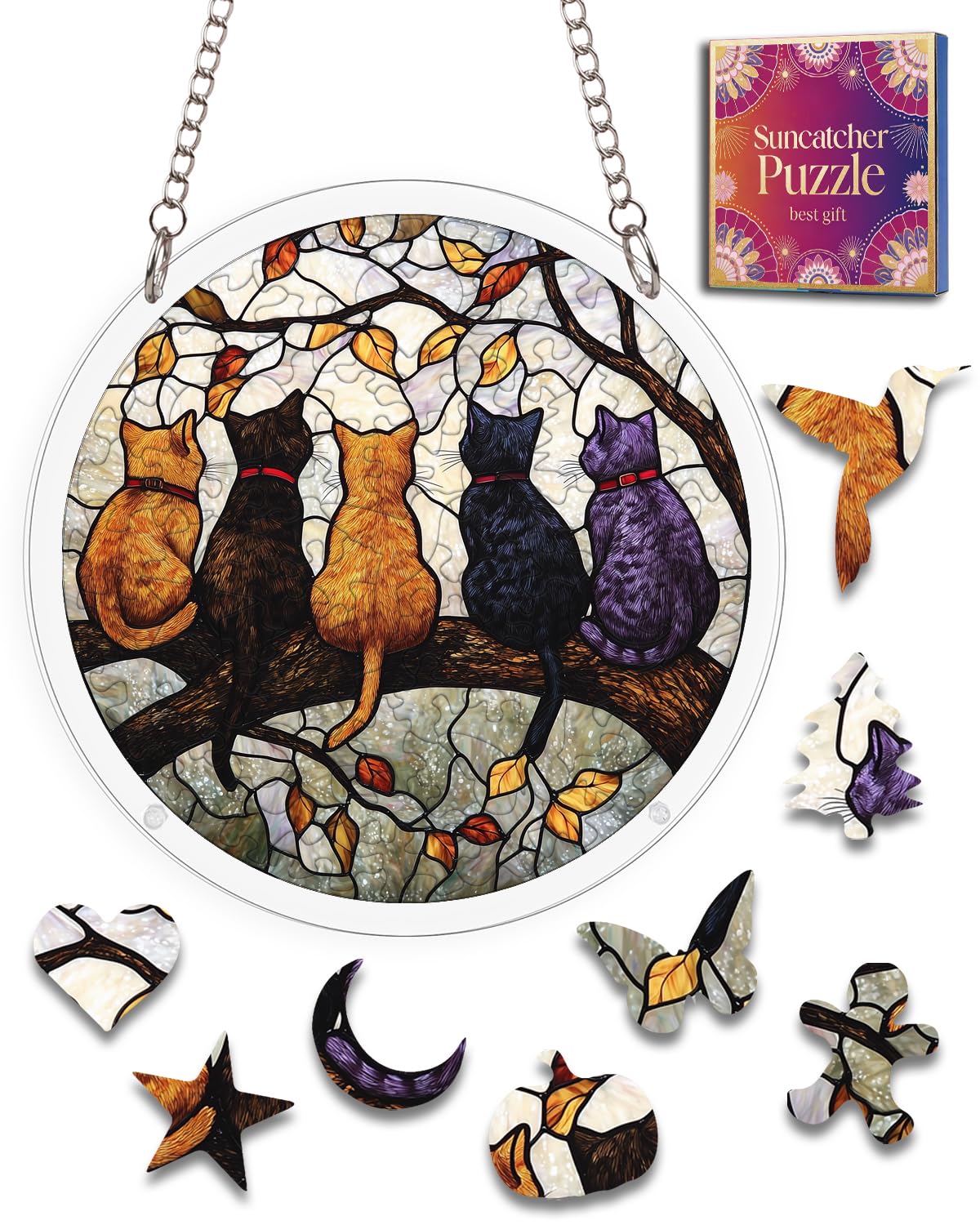 Acrylic Jigsaw Puzzle Suncatcher Cats Fall Forest Adult Puzzles Gifts 12"