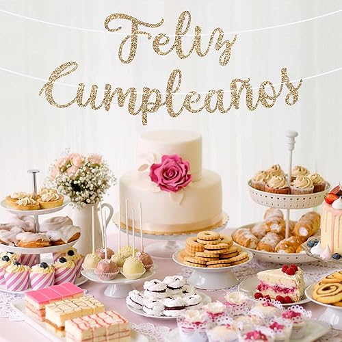 Miniatura 7 de Cartel de Feliz Cumpleaños pre-encordado – No DIY – Cartel español de fiesta de feliz cumpleaños con purpurina dorada – Guirnalda de guión