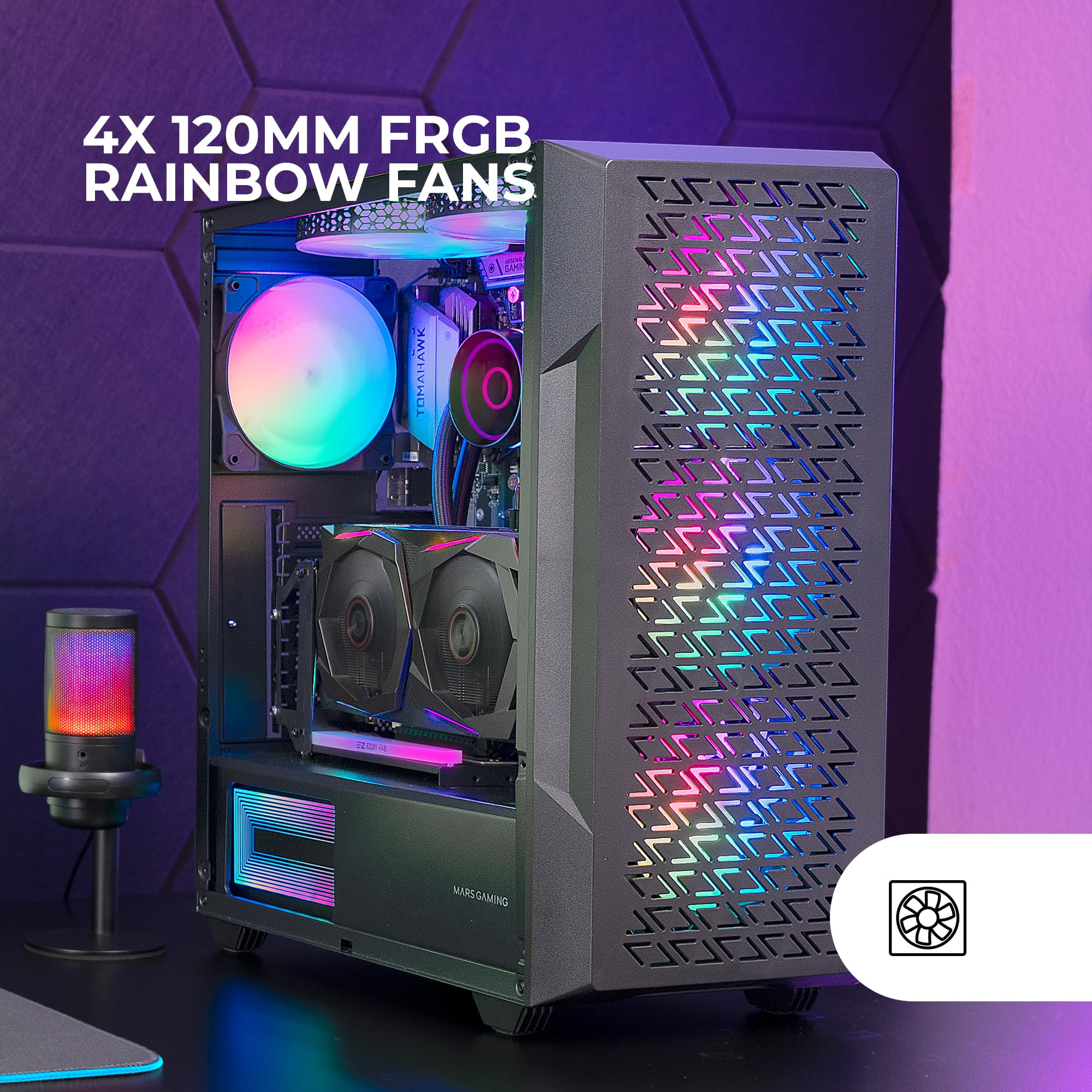 MARSGAMING MC-GEO, Case Gaming ATX, 4x Ventole FRGB Rainbow 12cm, Pannello Frontale Mesh Geometrico, Finestra Laterale Vetro Temperato, Semitorre Doppia Camera, Supporto Raffreddamento Liquido, Nero