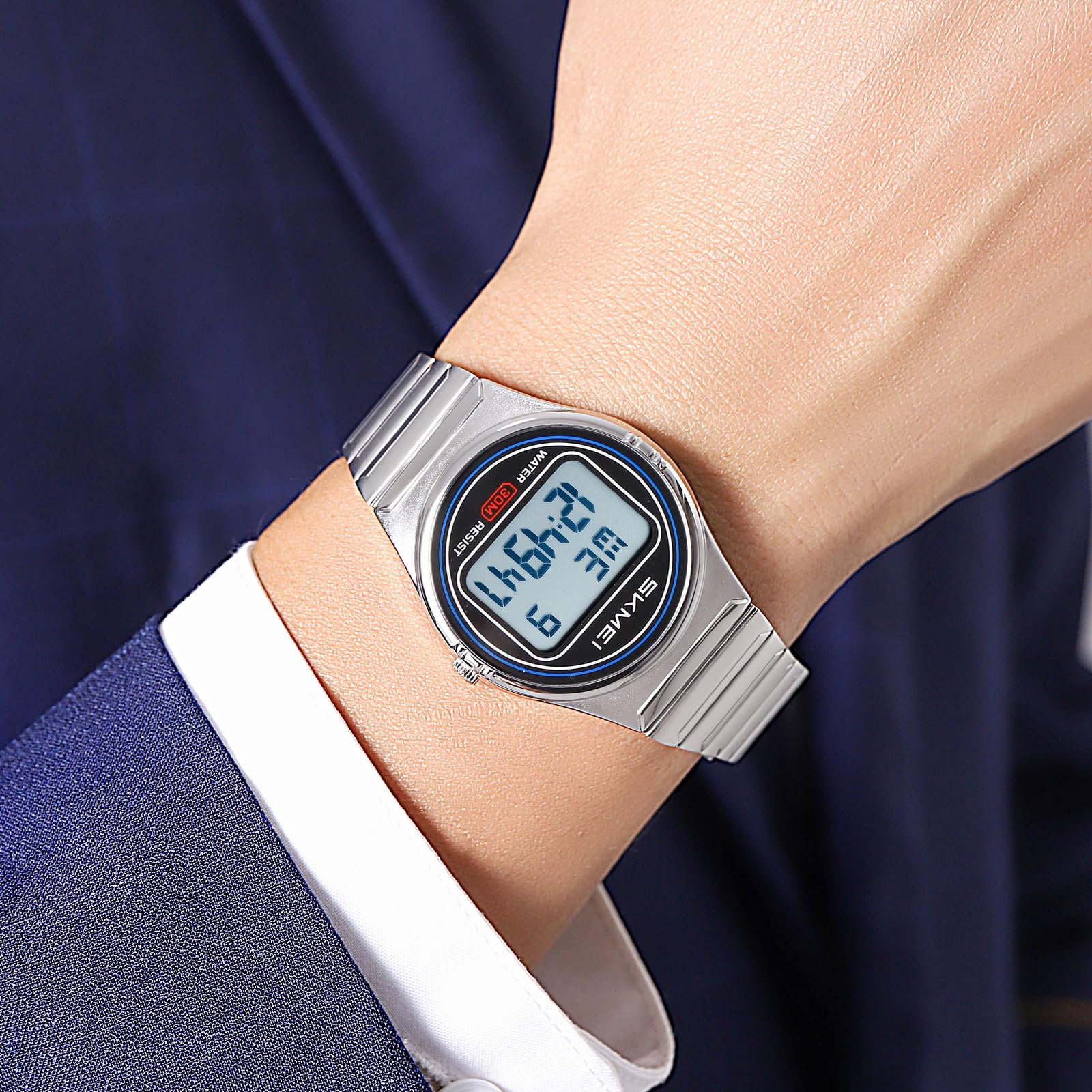 Gosasa Reloj digital retro ultrafino para hombre y mujer, resistente al agua, acero inoxidable 30 m, reloj de cuarzo informal con retroiluminación LED, alarma, cronómetro