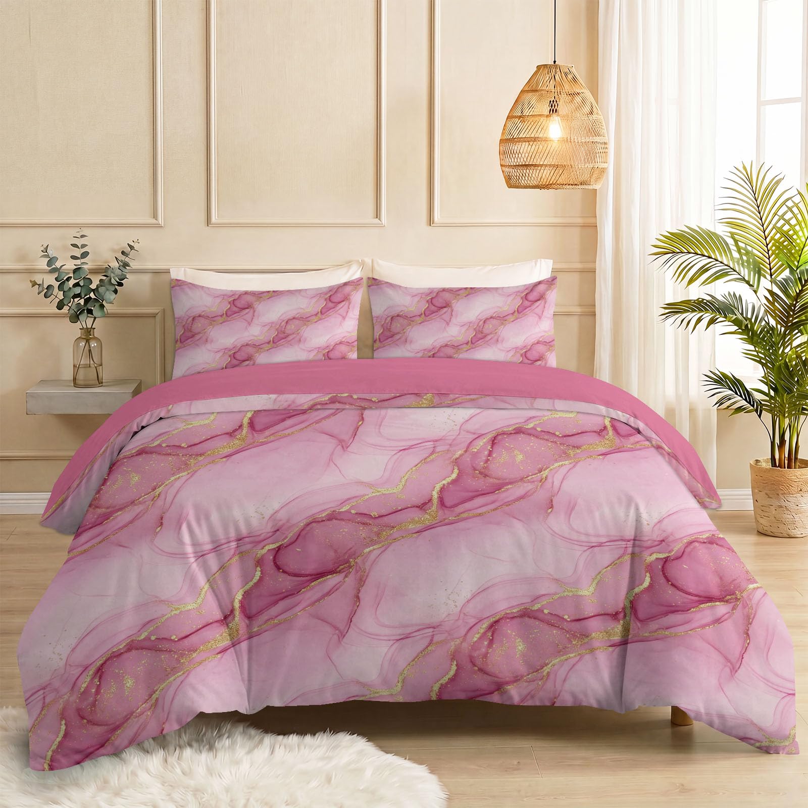 Bettwäsche 180 x 200 cm, Wende Modern Luxus Bettbezug Set für Kinder Jungen Mädchen, Rosenrot Bequem Atmungsaktiv Einfache Pflege Abstrakt Strudel Blattgold Flecken Marmor Bettwäsche Set