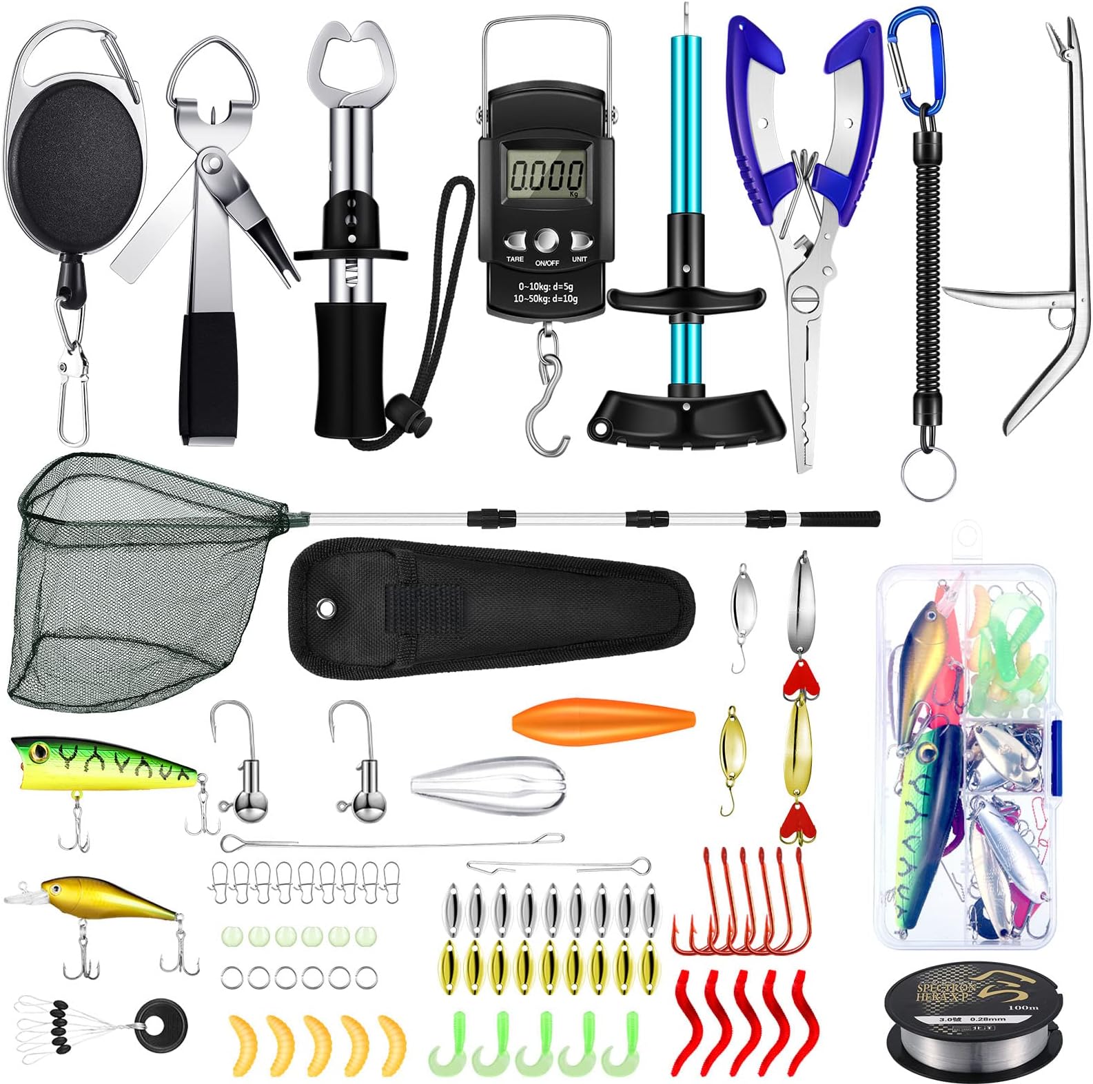 Sosation 134 Pcs Fishing Tool Kit Fishing Gear and Equipment Fishing Pliers Kit Fish Hook Remover Tool Fishing Lip Gripper Set Fishing Lures Baits Tackle Accessories (Blue, Cute Style)
