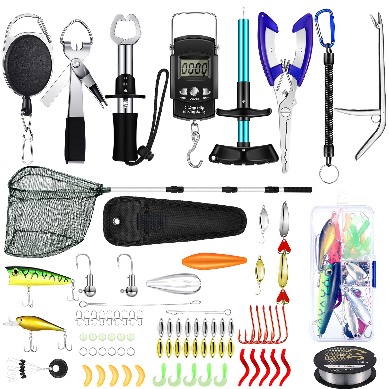 Sosation 134 Pcs Fishing Tool Kit Fishing Gear and Equipment Fishing Pliers Kit Fish Hook Remover Tool Fishing Lip Gripper Set Fishing Lures Baits Tackle Accessories (Blue, Cute Style) : Sports