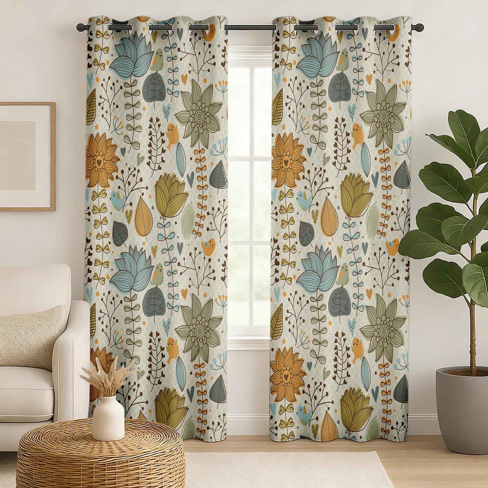 Vintage Verdunkelungsvorhänge Mit Blumen Vögeln Retro Stil Botanisches Tiere Natur Dekorative Gardinen für Wohnzimmer Schlafzimmer Kinderzimmer,2er Set 160x183 cm