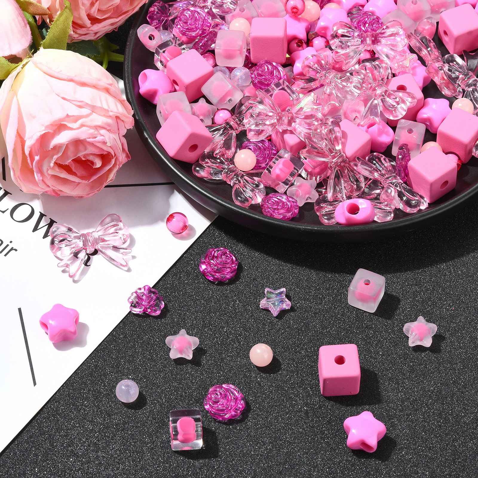 UR URLIFEHALL 200 Pcs Acrylic Beads Hot Pink Assorted Beads Round Flower Star Shaped Beads for Bracelets Making Keychains Jewellery DIY Crafts - Image 4