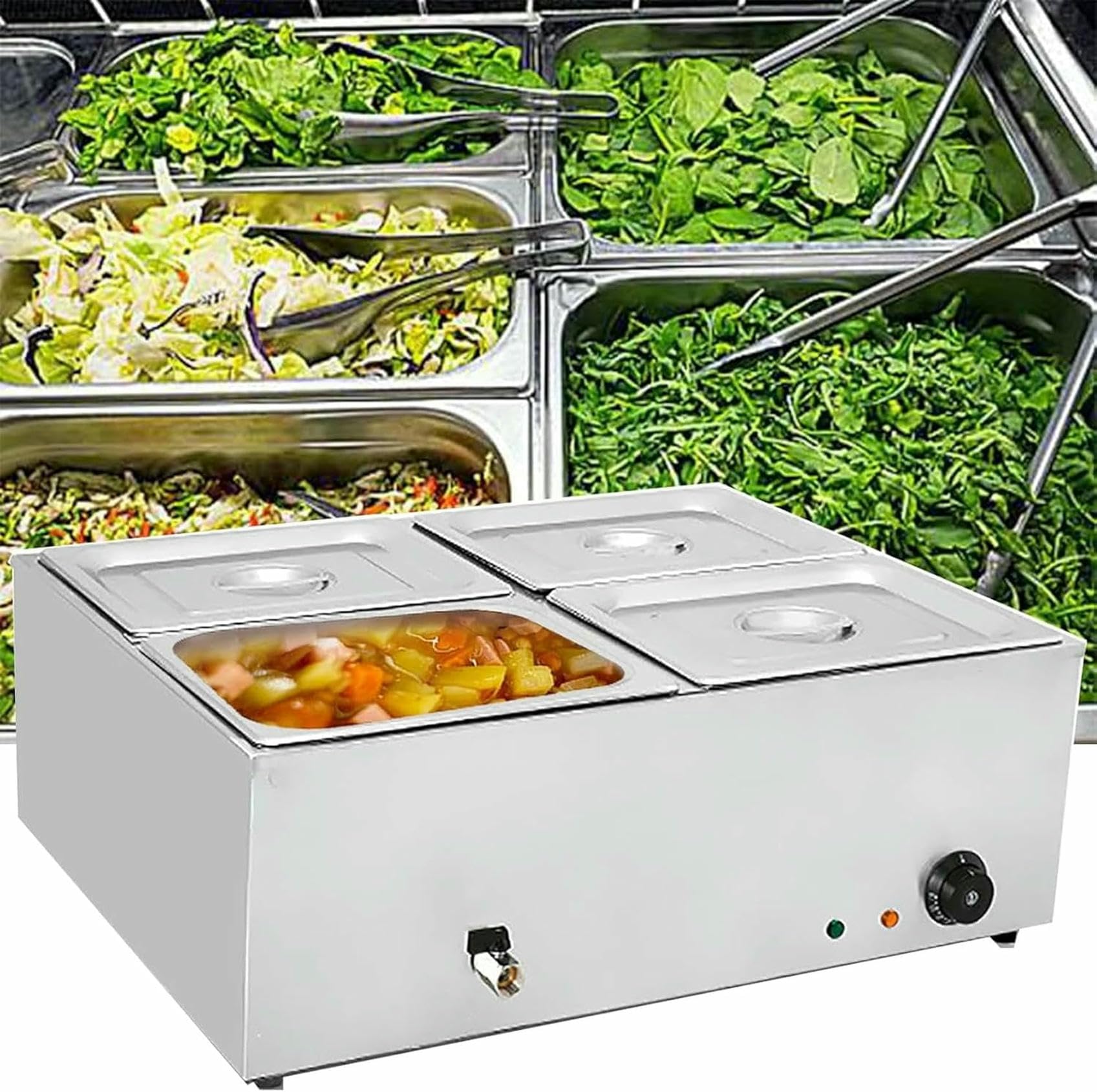 Buffet Profesional de Acero Inoxidable, 1500 W, Calentador de Alimentos Comercial para Buffet, con Control de Temperatura y Tapa, para Fiestas, Catering y restaurantes.