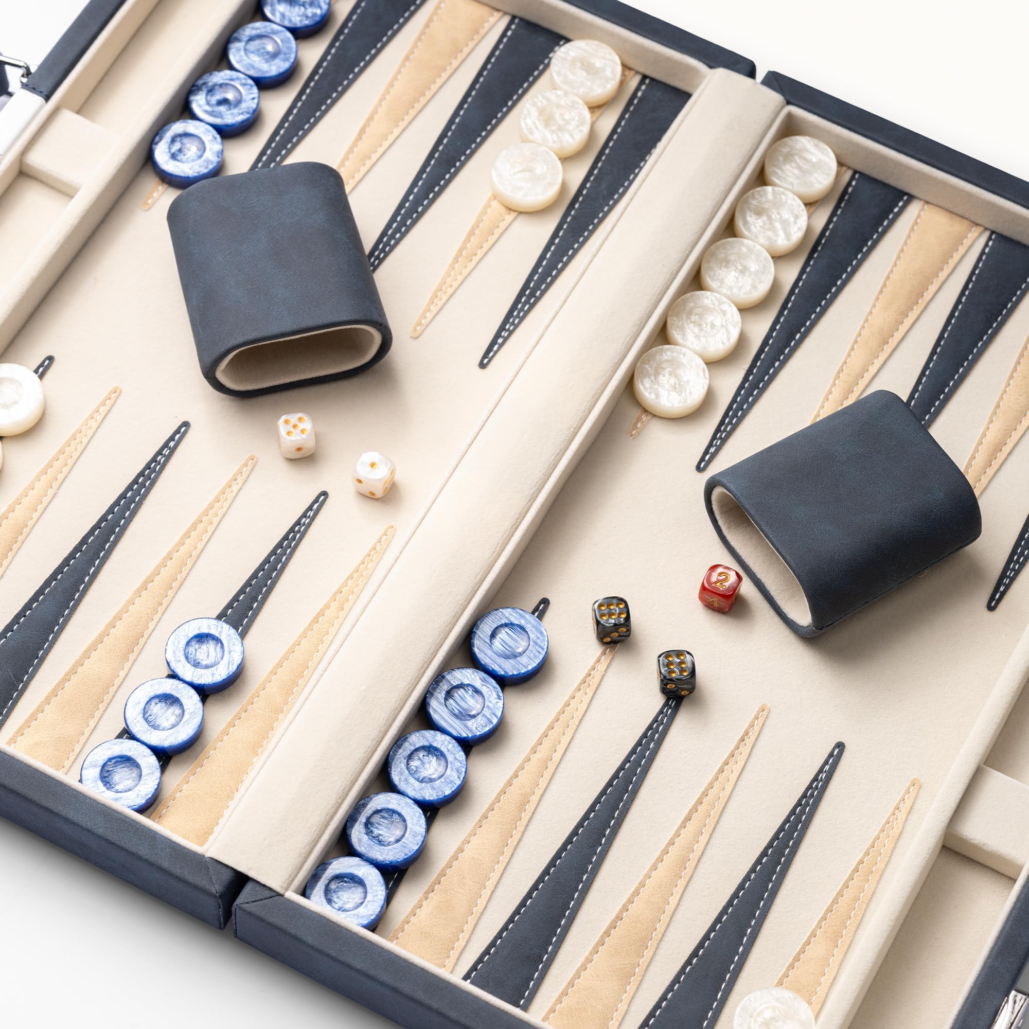 38cm Backgammon Sets for Adults, Classic Board Game with Folding Leather Backgammon Case, Leather Exterior and Velvet Interior, Portable Travel Game Set (Blue)