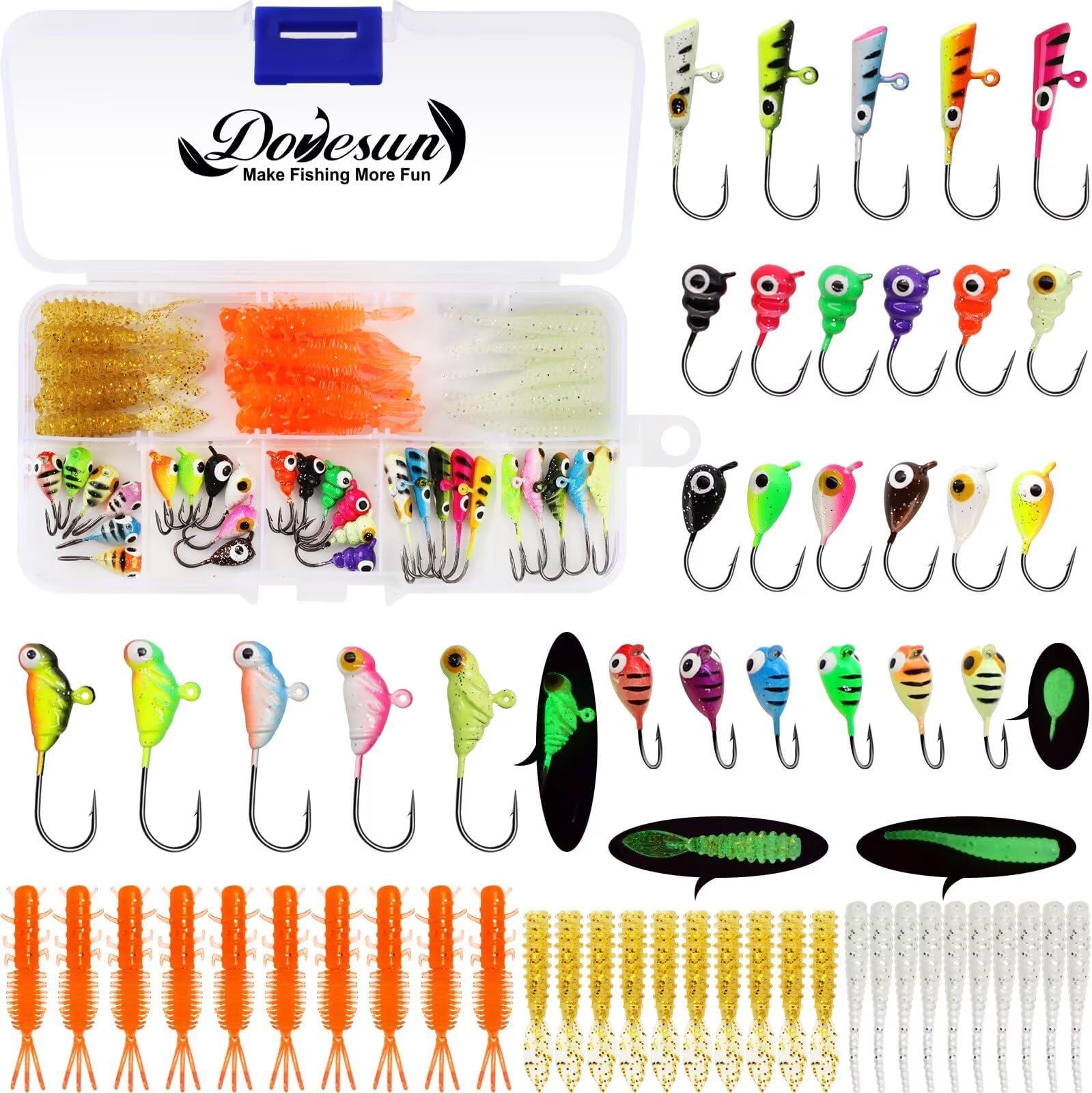 Dovesun Fishing Kit Ice Fishing Jigs Ice Fishing Lures Walleye Fishing Lures Crappie Jigs 135pcs/58pcs/45pcs/34pcs/30pcs/8pcs