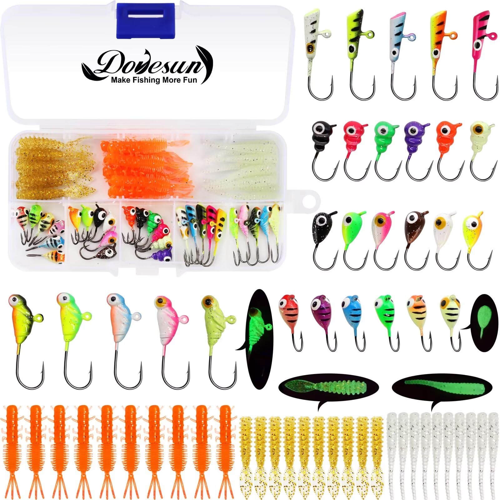 Dovesun Fishing Kit Ice Fishing Jigs Ice Fishing Lures Walleye Fishing Lures Crappie Jigs 135pcs/58pcs/45pcs/34pcs/30pcs/8pcs