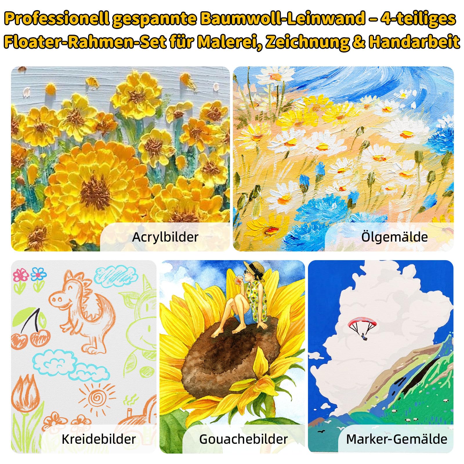 4er Set Leinwand 30x40cm Floater-Rahmen 100% Baumwolle für Wohnzimmer | With Floater-Rahmen,FSC-zertifiziertes Kiefernholz, dreifach grundiert, inkl. Montagematerial für Flur & Büro